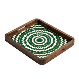 Handmade <b>Round</b> Mango Wood Serving <b>Tray</b> with Blue Chevron Enamel Pattern Decorative Platter for <b>Table</b> Dining & Modern Home Decor - Product Image 2