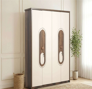 Large modular grey wood grain wardrobe <b>unit</b> with white contrast doors, overhead storage, and open <b>side</b> shelving with drawers. - Product Image 4