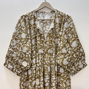 Vestido Casual Midi para Mujer, Tejido 100% Algodón, Liso, Manga Corta, Cintura Imperio, Estilo Babydoll, Cuello en V, Holgado, Origen India - Product Image 2