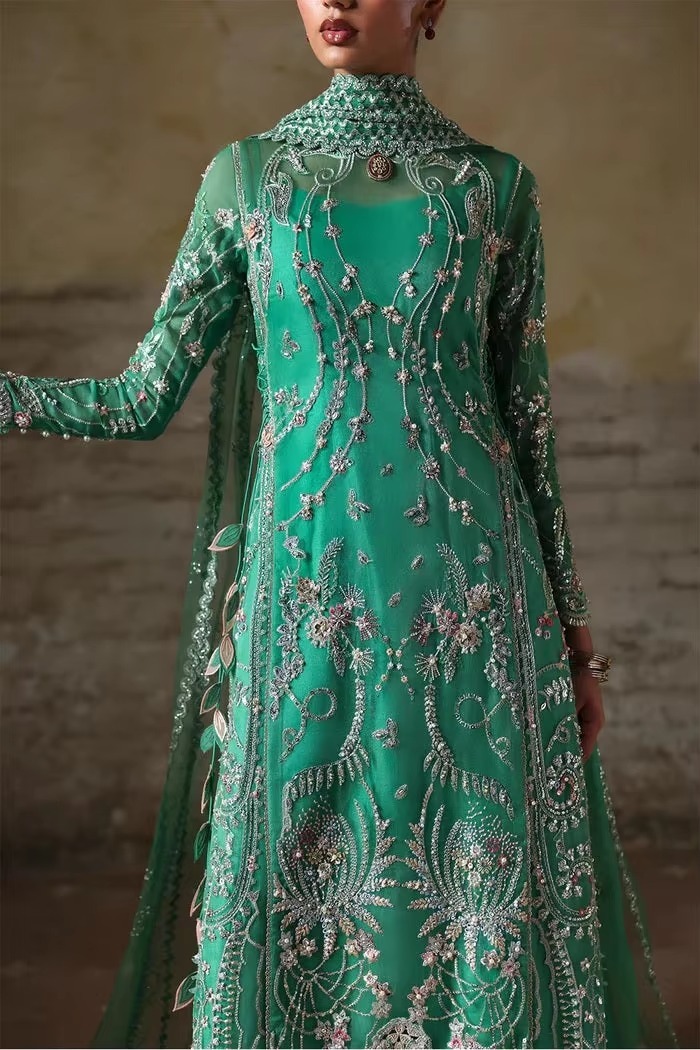 green maxi dress pakistani Premium Anarklai Mint Sage Pastel Floor Length Long With Delicate Floral Threadwork Sequin Detailing 0526