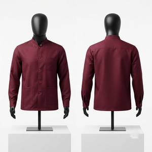 Chaqueta de Barbero Unisex Premium Transpirable de Poliéster Twill 280 GSM Borgoña con Cuello Alto y Logotipo Grabado para Trabajo - Product Image 1