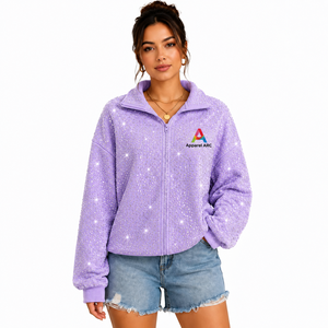 Veste ample personnalisée scintillante OEM/ODM en gros, avec strass, fermeture éclair intégrale, en polaire chatoyante, col montant, pour femmes - Product Image 1