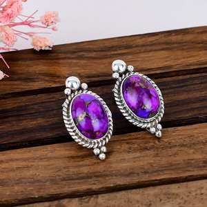 Purple Copper Turquoise 925 <b>Sterling</b> <b>Silver</b> Oval <b>Stud</b> Earrings Statement Boho Jewelry - Product Image 4