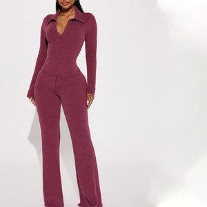 Conjunto de Dos Piezas de Punto Acanalado Color Borgoña para Mujer, Manga Larga, Cuello Camisero, Pantalones Largos, Ropa Casual para Estar en Casa - Product Image 1