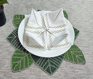 Handmade Flower Shape Fabric <b>Placemat</b> Green Beaded Leaf Design Bohemian Table Mat Decorative <b>Set</b> - Product Image 4