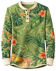 Chemise Henley pour homme à imprimé tropical vert olive et floral, manches longues, patte de boutonnage, style décontracté d'été, plage, légère et tendance - Product Image 1