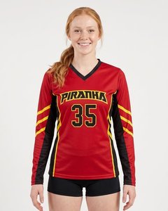 Maillot de volley-ball pour femmes personnalisé en sublimation directe d'usine, manches longues, rouge, noir, jaune, vêtements de sport d'équipe, t-shirt à séchage rapide - Product Image 1