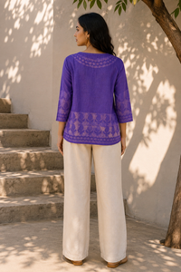 Kurti court en coton violet pour femme, col rond, manches trois quarts, brodé, coupe ample, haut ethnique décontracté, à porter au quotidien - Product Image 2
