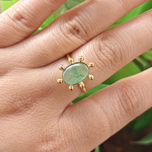 Green Strawberry Quartz Cherry Quartz Oval Gemstone <b>Ring</b> Brass 18k Gold Plated Beaded Designer Texture Band <b>Adjustable</b> <b>Rings</b> - Product Image 3