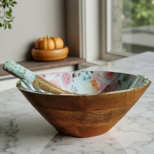 Hand turned <b>Mango</b> <b>wooden</b> <b>bowl</b> set with matching spoons and curated enamel print - Product Image 3