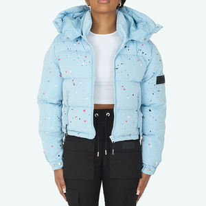 Veste matelassée à capuche bleu clair avec imprimé à pois, fermeture éclair, manteau d'hiver décontracté, longueur courte, rembourrage en polyester - Product Image 1