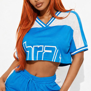 Conjunto deportivo de dos piezas para mujer, estilo jersey de fútbol americano, azul, corto, de malla, transpirable, con cuello en V, top corto. - Product Image 1