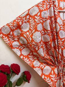 Women Orange Floral Print Cotton Maxi <b>Kaftan</b> Dress | Handmade Batwing Sleeve Eco-Friendly <b>Beach</b> Cover-Up Boho Resort Wear Free - Product Image 2