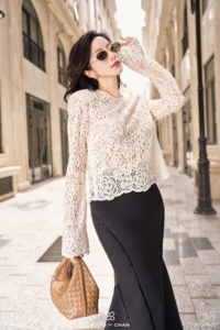 Women's Feminine <b>Long</b>-Sleeve Lace Blouse EMBERLY Vietnam 100% Polyester Regular Lace trumpet Sleeve Breathable - Product Image 4