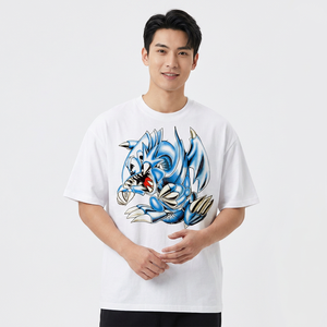 T-shirt blanc surdimensionné pour homme avec imprimé dragon bleu, manches courtes, col rond, coupe décontractée en jersey - Product Image 5