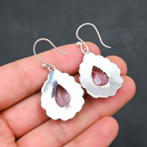 Boucles d'oreilles personnalisées en Kunzite rose créée en laboratoire, en argent sterling 925, 1,9 pouce, bijoux faits à la main en pierres précieuses, boucles d'oreilles fines de style antique, cadeau pour femme - Product Image 3