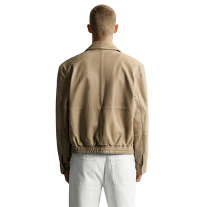 Men's Tan Brown Genuine <b>Suede</b> <b>Leather</b> Bomber <b>Jacket</b> Shirt Collar Zip Front Ribbed Hem Relaxed Fit Premium Custom Streetwear Oute - Product Image 2
