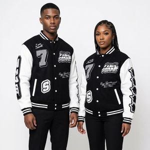 Shuja Sports Team Saints Varsity <b>Jacket</b> <b>Black</b> White Embroidered Letterman Style Unisex Preppy College 100% Wool Windproof Front - Product Image 1