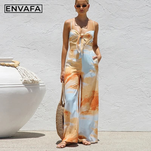 Custom <b>Casual</b> Eco-Friendly Breathable <b>Jumpsuit</b> with LOGO Summer New V-neck Printed High Waist <b>Wide</b> <b>Leg</b> Holiday - Product Image 1