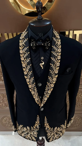Men’s Black Embroidered Tuxedo <b>Blazer</b> – Designer Wedding Suit with Gold Floral Embroidery & Shawl Lapel - Product Image 3