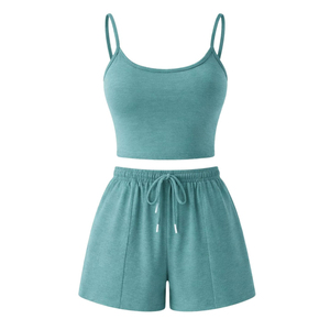 Conjunto de 2 Piezas para Mujer, Color Verde Azulado, Top Corto sin Mangas con Cordón Ajustable y Pantalones Cortos, Tejido Sólido y Transpirable, Ropa Casual de Primavera/Verano - Product Image 1