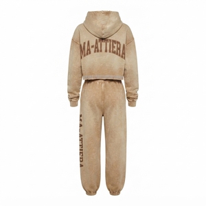 Custom <b>Women</b> Acid Wash <b>Beige</b> Cropped Hoodie Jogger Set Cotton Fleece Streetwear <b>Tracksuit</b> OEM Wholesale - Product Image 3