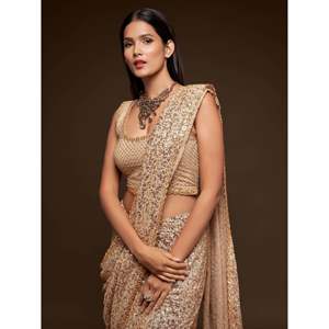Impresionante marfil con lentejuelas Georgette vestido de noche desgaste del partido Saree - Product Image 2