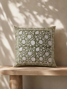Square Printed Floral 100% Cotton <b>Cushion</b> <b>Cover</b> in Olive Green <b>with</b> White Pattern Bohemian Style Home & Hotel Decor Pillow Case - Product Image 3