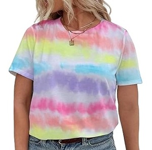 Camisetas de Último Diseño con Estampado Tie Dye, Manga Corta, 100% Algodón, Corte Recortado, Estilo Urbano para Mujer, Transpirables, OEM - Product Image 4