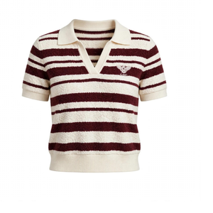 Pull tricoté rayé à manches courtes avec col rabattu, texture tricotée, haut décontracté et tendance, 100 % coton, écologique, vente en gros - Product Image 1