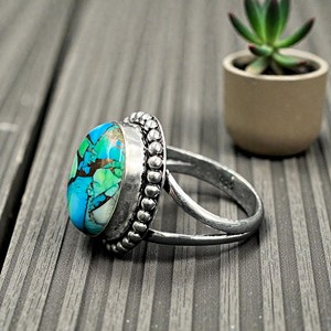 Bague en argent sterling 925 Peacock Dahlia Turquoise, vente en gros, faite à la main, ovale, avec pierre précieuse bleu-vert cabochon, pour femme - Product Image 4