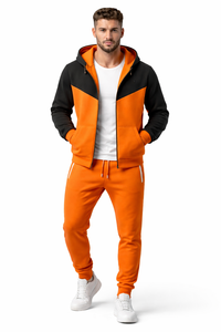 Ensemble de survêtement contrasté noir et orange pour homme, sweat à capuche zippé et pantalon de jogging, vêtements de sport décontractés, entraînement en salle de sport, course à pied, ensemble deux pièces - Product Image 2