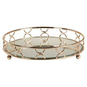 Plateau de service rond en métal doré géométrique de qualité supérieure avec miroir en verre, décoration décorative pour la maison, l'hôtel ou le restaurant - Product Image 4