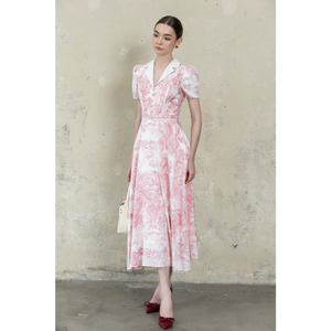 Robe longue rose en satin à imprimé floral, col mandarin, manches bouffantes, taille naturelle, jupe évasée, pour femme, écologique, prête à l'emploi - Product Image 1