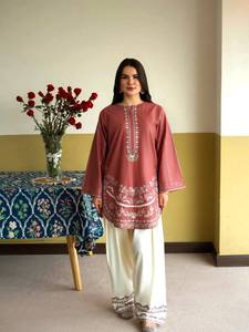 Premium Roman Silk Embroidered Floral Pattern O-Neck Short Top Knee Sleeveless Palazzo 2-Piece <b>Set</b> for Women Traditional Ethnic - Product Image 2