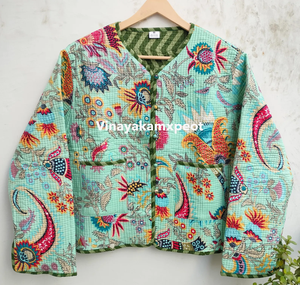 เสื้อแจ็คเก็ตผ้าฝ้ายพิมพ์ลายทรอปิคอลแบบกันธา  ผ้าถักนิตติ้งระบายอากาศได้ดี  งานปักลายสดใส  ดีไซน์แฮนด์เมด - Product Image 4