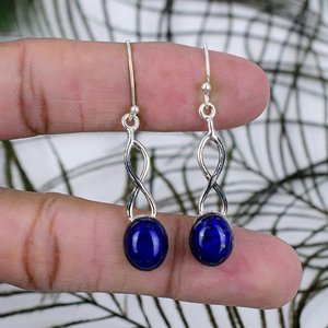 <b>Best</b> Quality Natural Blue Lapis Lazuli Oval Drop Earrings Silver Trendy Boho Statement Handmade Lightweight Women's Gift - Product Image 1