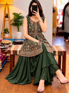 Shivam Hub Blue Floral Sharara Suit <b>Women</b> Loose Fit Cotton Quick Dry Elegant All Seasons <b>Kurta</b> Palazzo Embroidered Ethnic Outfit - Product Image 2