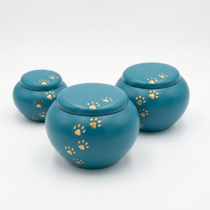 Teal Blue Aluminum Squat Pet Cremation Urns Set Gold Paw Prints Modern Handmade Durable Memorial Keepsake Ashes <b>Jar</b> for Dogs - Product Image 2