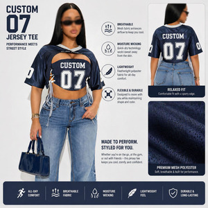 Women Navy American Football Jersey Cut Out Crop <b>Top</b> Side Tie Short Sleeve Number Print OEM ODM Wholesale Bulk - Product Image 3