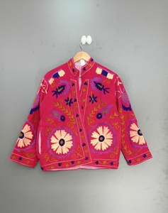 Blazer Rosa de Terciopelo Bordado con Estampado Floral, Cuello Mao, Manga Larga, Chaqueta de Primavera para Mujer - Product Image 5