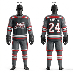 Mens Ice Hockey Uniform 220 GSM Premium Polyester <b>Mesh</b> Grey <b>Red</b> White Panel Design Sublimation Embroidery Custom Logo Team Set - Product Image 1