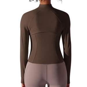Chaqueta de Yoga Marrón Oscuro con Cierre Completo y Cuello Alto para Mujer, Ajuste Delgado, Manga Larga, Alta Elasticidad, Ropa Deportiva, Top de Entrenamiento - Product Image 2