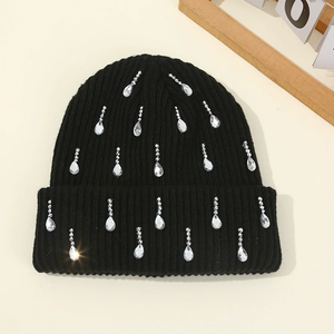 Bonnet tricoté unisexe d'hiver avec motif imprimé numérique, respirant, imperméable, 100 % acrylique, orné de strass et de perles, style décontracté - Product Image 1