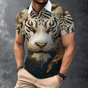 Polo Homme Imprimé Tigre Doré 3D, Sublimation, Col Zippé, Manches Courtes, Graphique, Décontracté, Luxe, Streetwear, Été, Respirant - Product Image 6