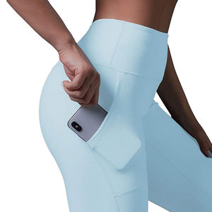 Women's Seamless High Waist Yoga Set Solid Light <b>Blue</b> Racerback Sports <b>Bra</b> Full Length Leggings With Pockets 2 Piece - Product Image 5