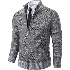 Men Knitted Zipper <b>Cardigan</b> Solid Full Sleeve Winter Sweater Standard Thickness 100% Acrylic Anti-Wrinkle Front Logo - Product Image 2