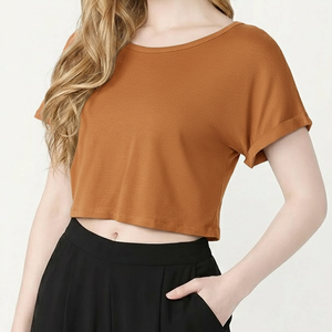 Crop <b>Top</b> Beach Wear Short Sleeve Lightweight Breathable Loose Fit Round Neck Custom OEM Wholesale Manufacturer - Product Image 2