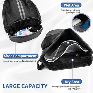 Black Canvas <b>Drawstring</b> <b>Backpack</b> with Shoulder Strap and Wet Dry Pockets 30-40L for Gym Sports Travel - Product Image 6