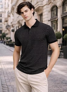 Men's Black Plain <b>Short</b> Sleeve for Shirt Regular Fit Casual Knitted Design Front Yarn Dyed Heavyweight Streetwear - Product Image 2